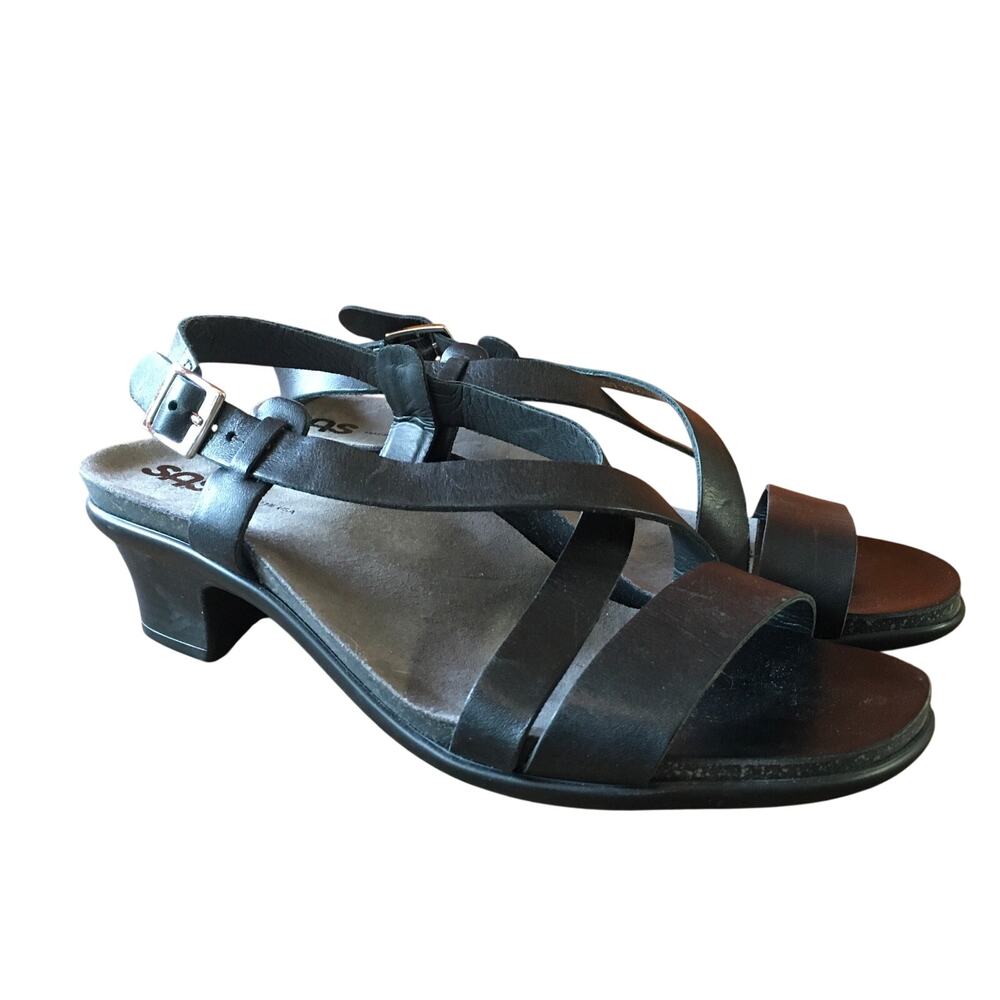 SAS San Antonio Shoes Nouveau Leather Cross Strap Heel Sandal Black Womens 8.5 M